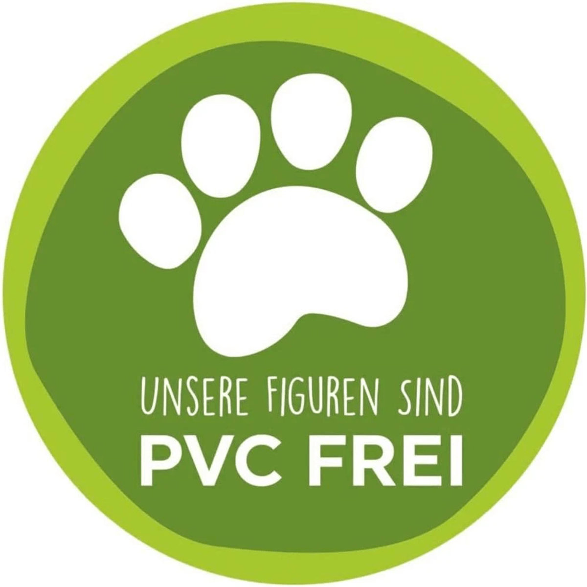 Un logo verde rotondo con un'impronta bianca e la scritta UNSERE FIGUREN SIND PVC FREI.