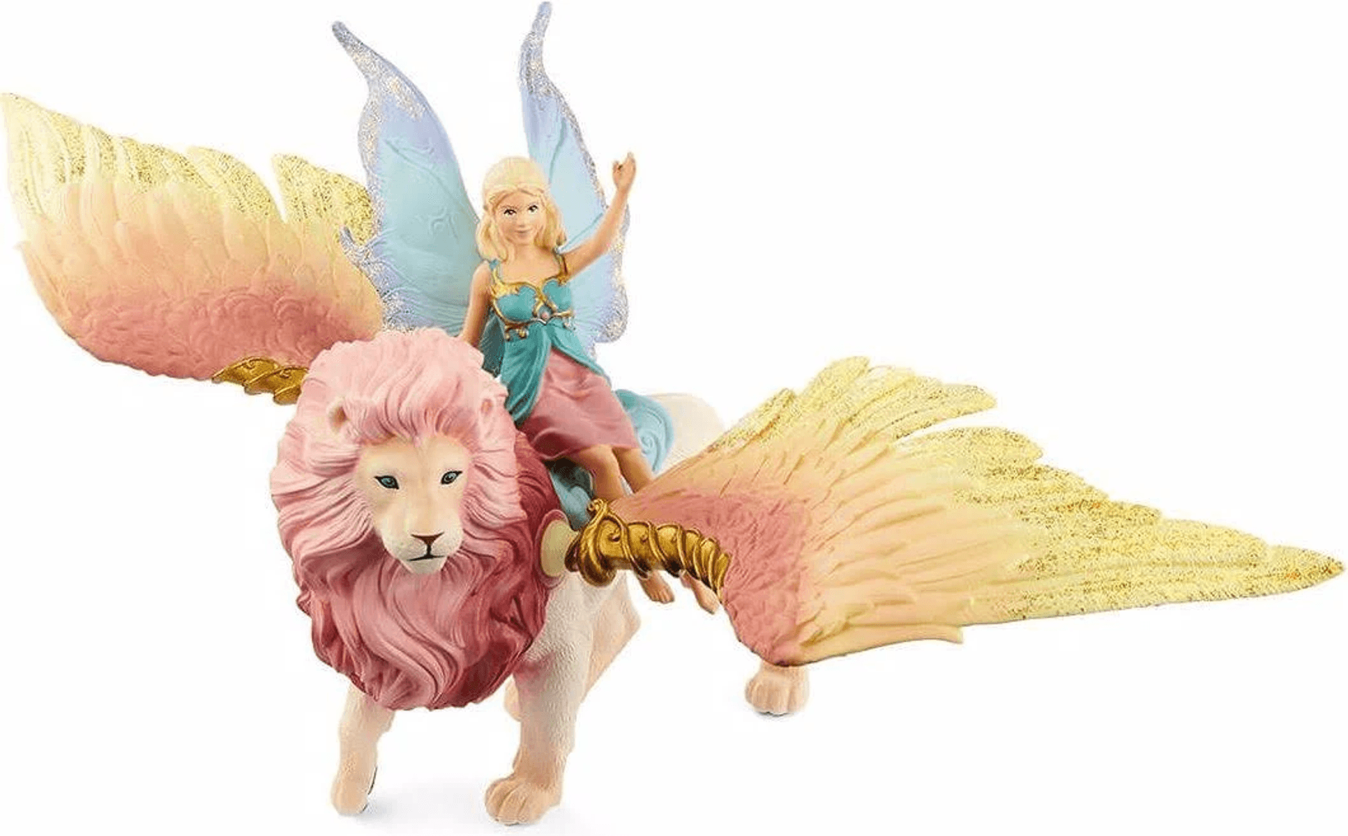 Una fata bionda con ali blu cavalca un leone alato rosa e oro su sfondo bianco.
