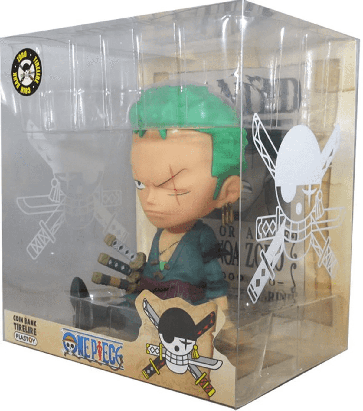 Una alcancía de Roronoa Zoro de One Piece dentro de un empaque transparente.