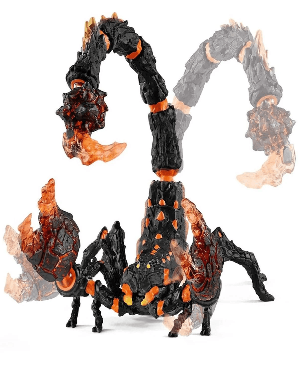 Un giocattolo a forma di scorpione di lava nero e arancione con arti mobili su sfondo bianco.