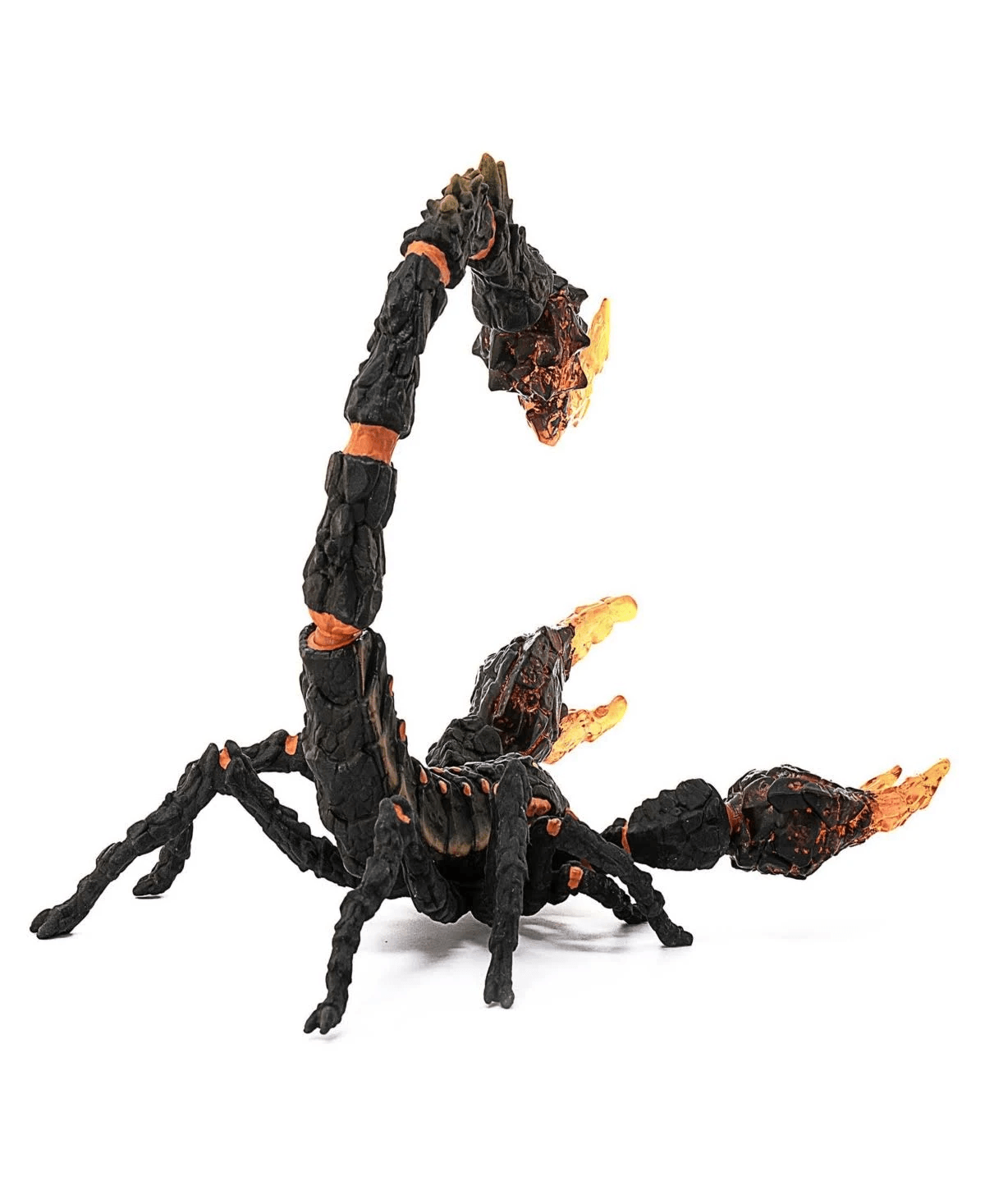 Una statuetta di scorpione di roccia nera con dettagli arancioni e coda ardente.