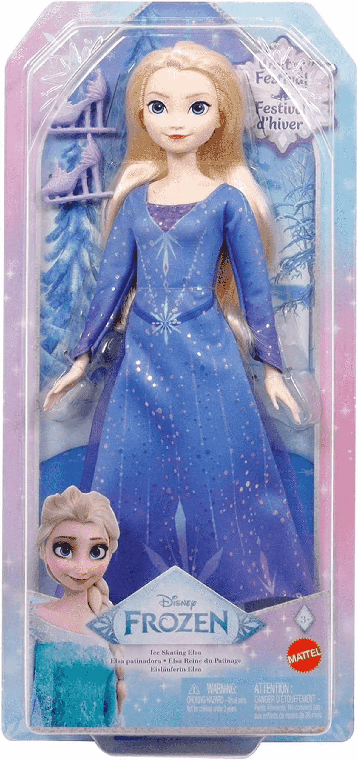 Eine Disney Frozen Eisläuferin Elsa Puppe in einer blau-weißen Verpackung mit extra Schuhen.