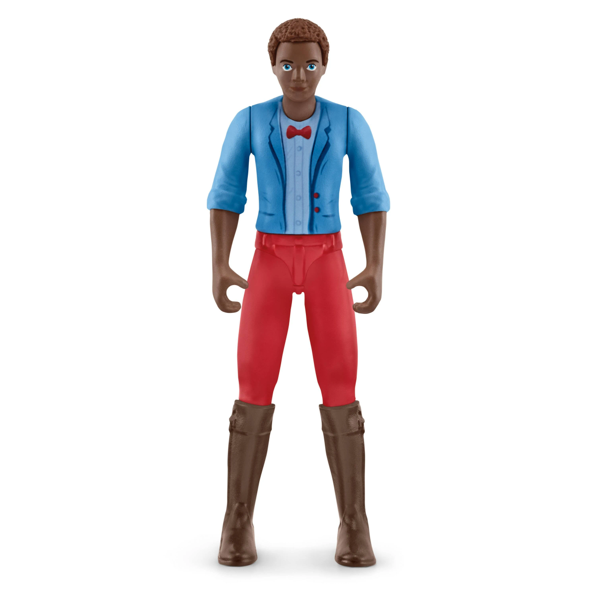 Un action figure di un uomo con giacca blu, papillon rosso, pantaloni rossi e stivali marroni.