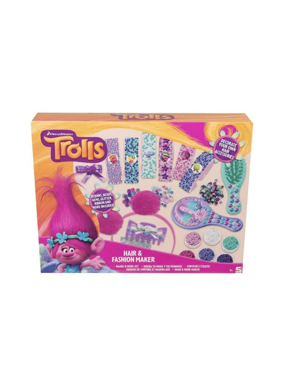 Caja de juguetes Trolls Hair and Fashion Maker con purpurina, cuentas, horquillas y cepillos.