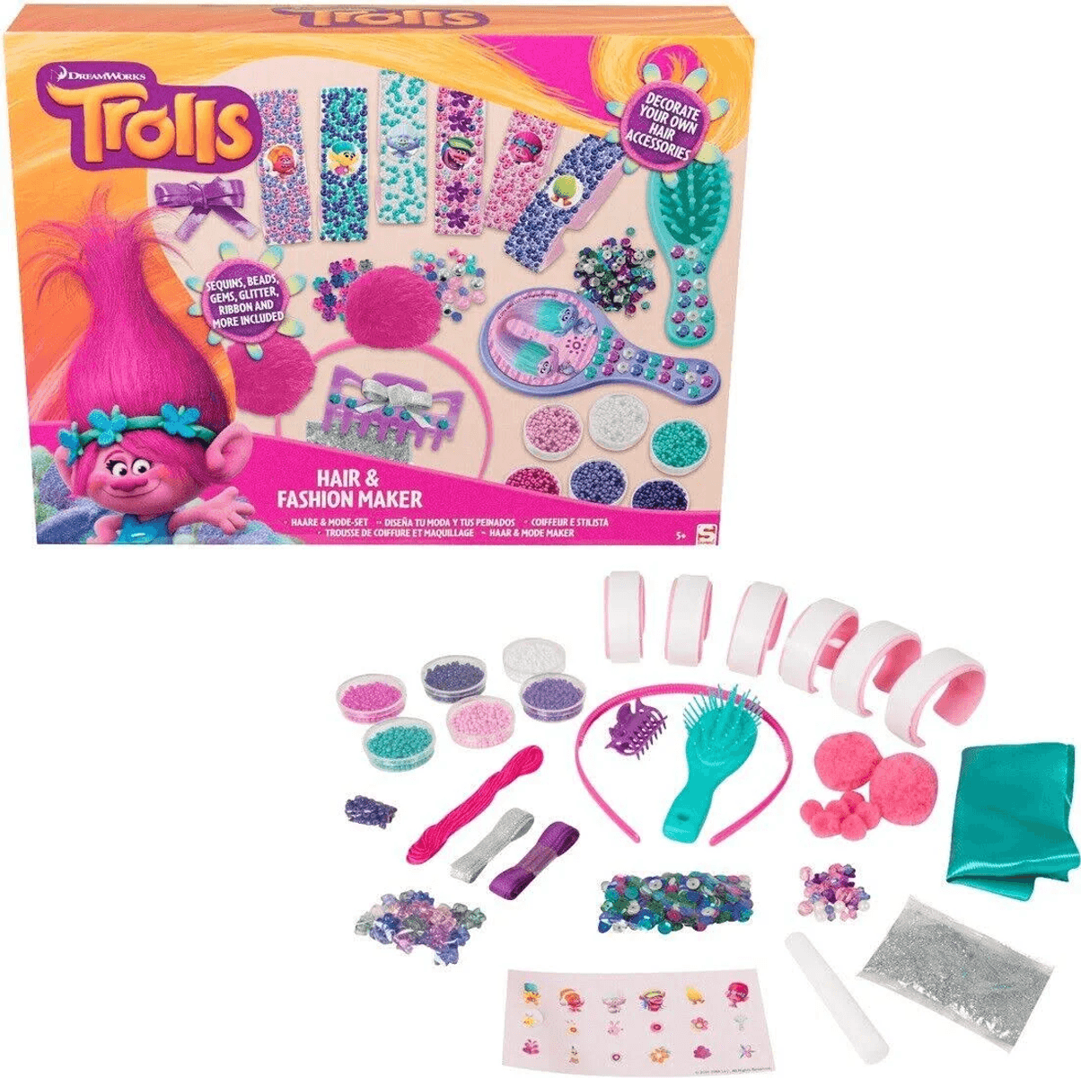 Set de moda y cabello Trolls con cuentas, lentejuelas, cepillo y cintas exhibidos.
