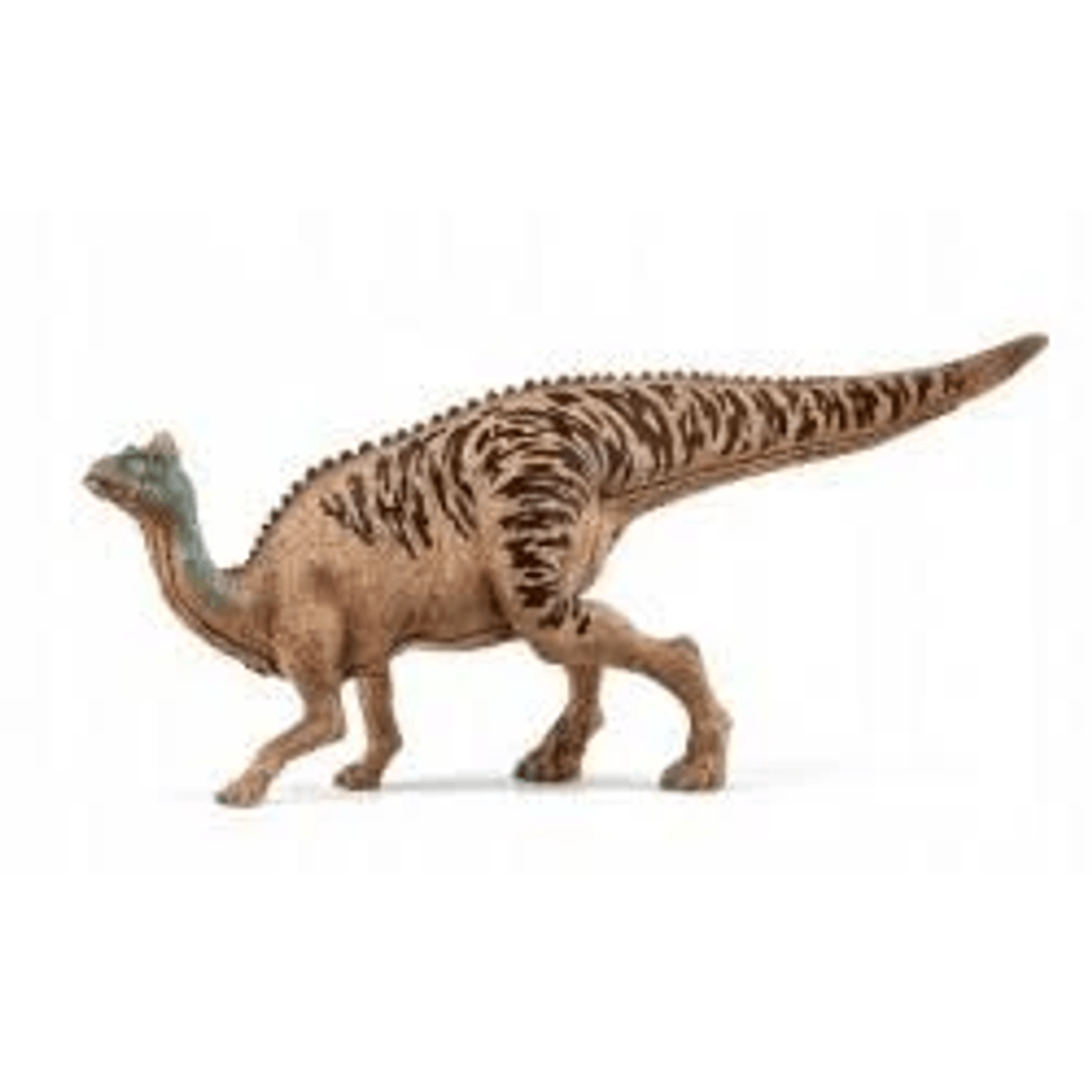 Una statuetta di dinosauro marrone con strisce scure, testa piccola e coda lunga su uno sfondo bianco.