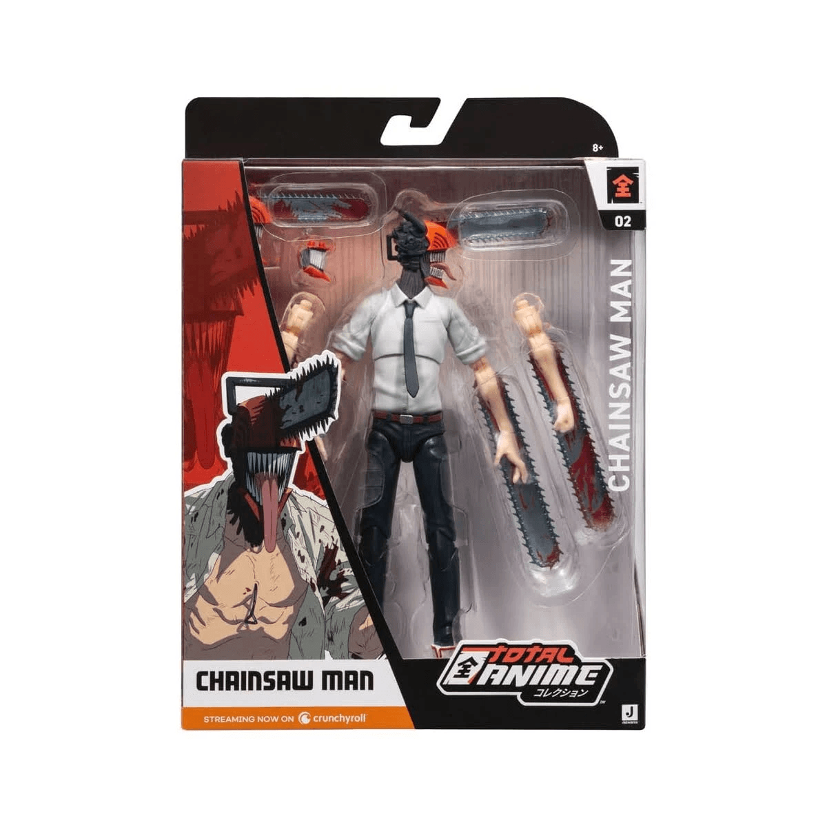 Figura de acción de Chainsaw Man en caja con accesorios y gráficos de anime.