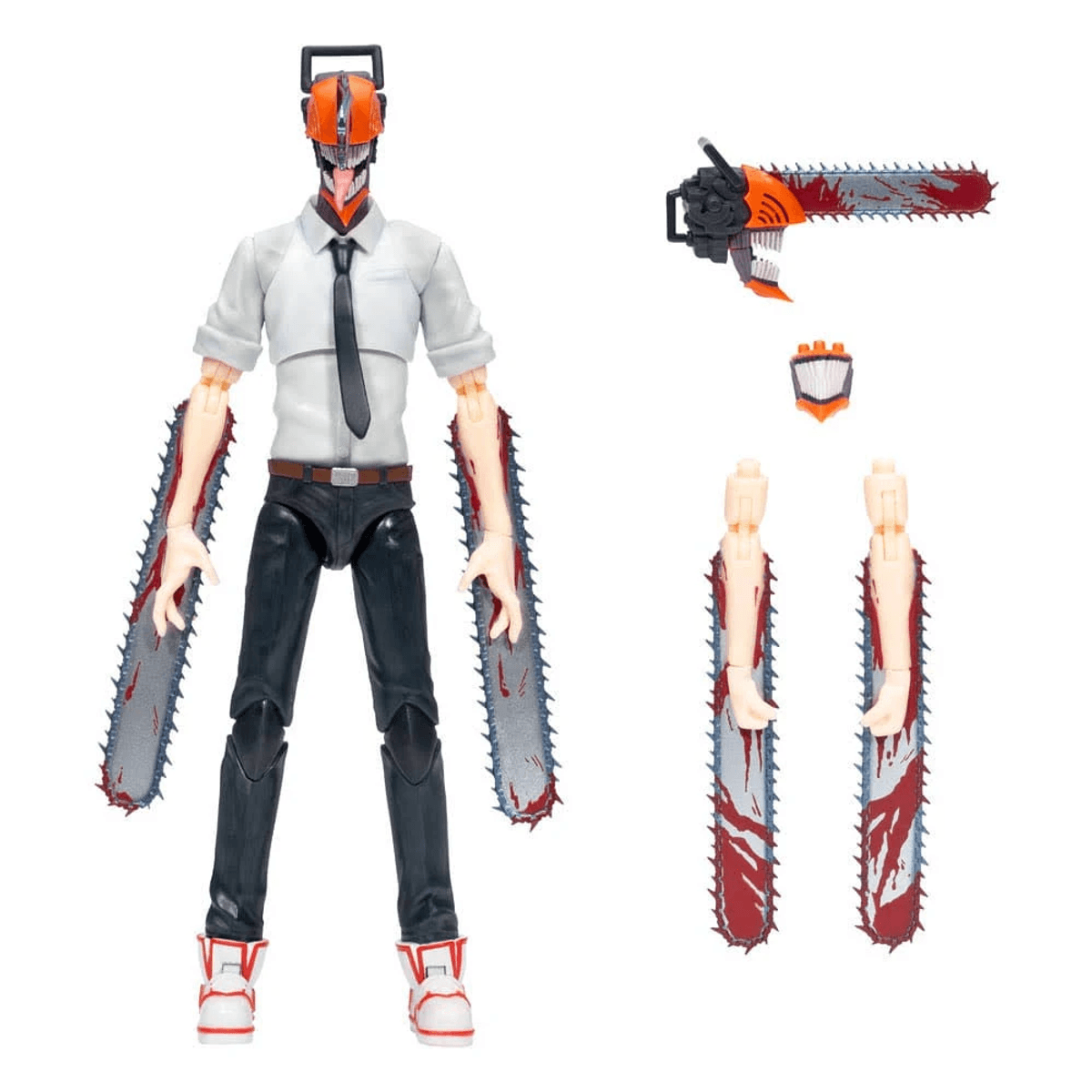 Figura de acción de Chainsaw Man con camisa blanca, corbata y brazos de motosierra, con piezas intercambiables en fondo blanco.