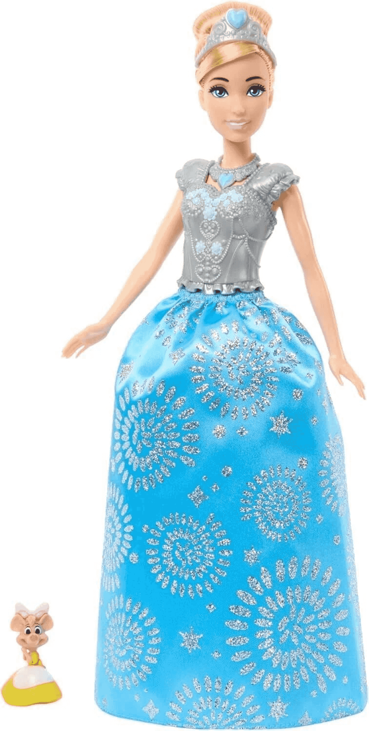 Eine Cinderella-Modepuppe in einem silbernen Oberteil und blauem Glitzerrock, begleitet von einer kleinen Spielzeugmaus.