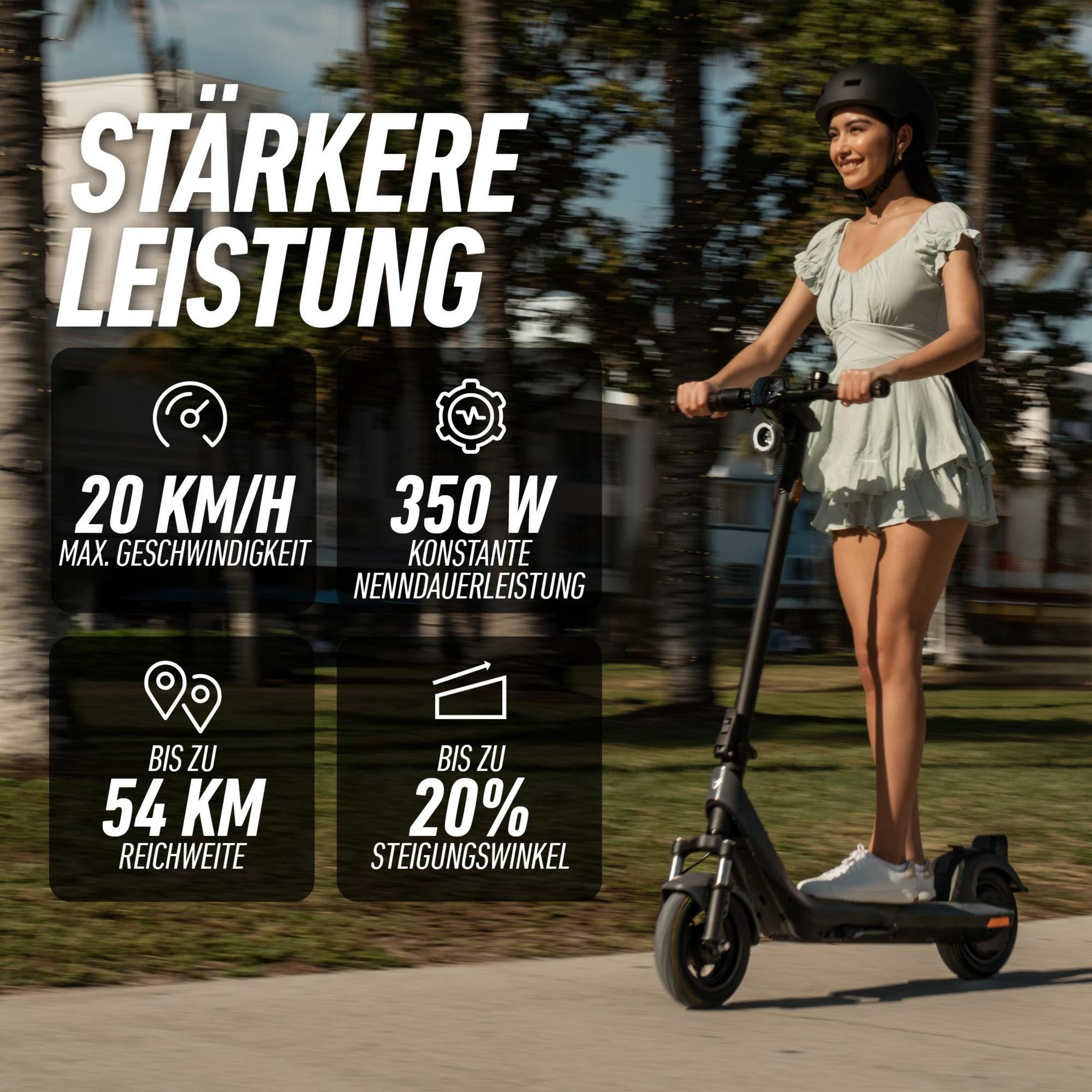 Eine Frau in einem grünen Kleid fährt einen E-Scooter vor einer Baumkulisse, mit technischen Daten im Bild.