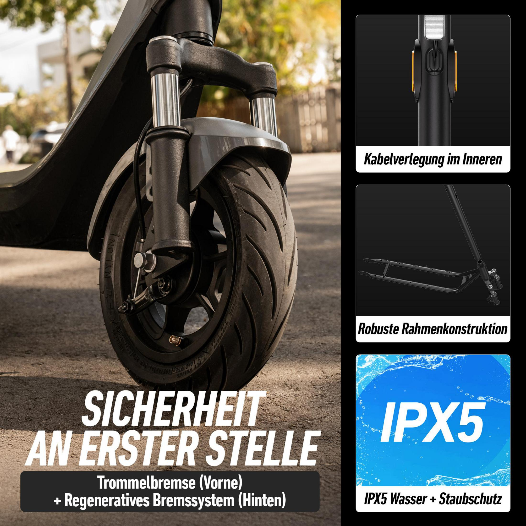 Nahaufnahme des Vorderrads eines E-Scooters mit Details zu Bremse, Rahmen und IPX5-Schutz.