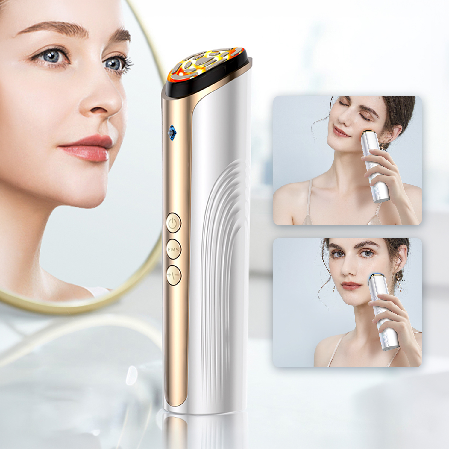 Un dispositivo facial blanco y dorado con botones, flanqueado por imágenes de una mujer usándolo en su rostro.
