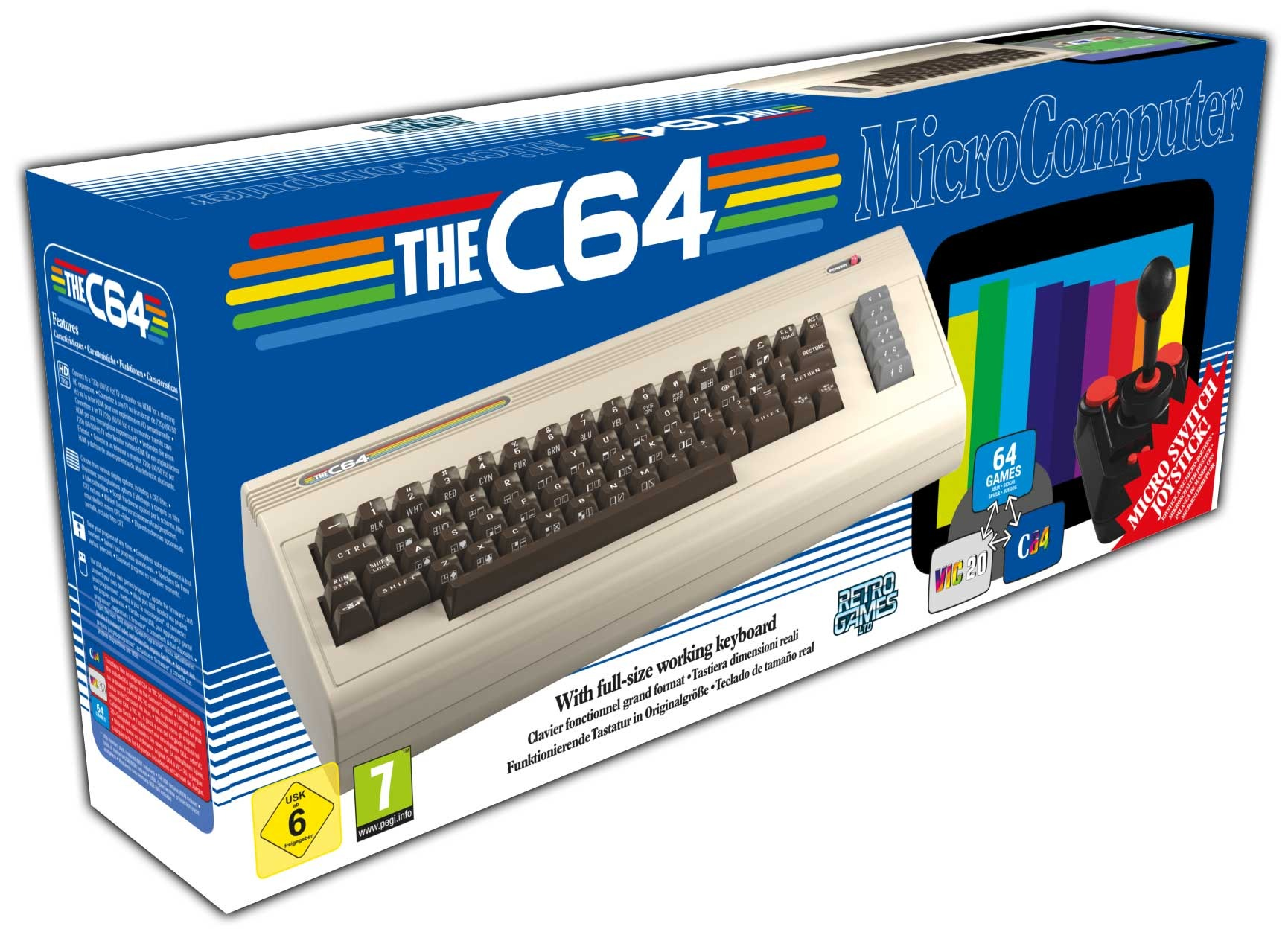 Die C64 MicroComputer Verpackung zeigt die beige Retro-Tastatur und einen Joystick vor blauem Hintergrund.