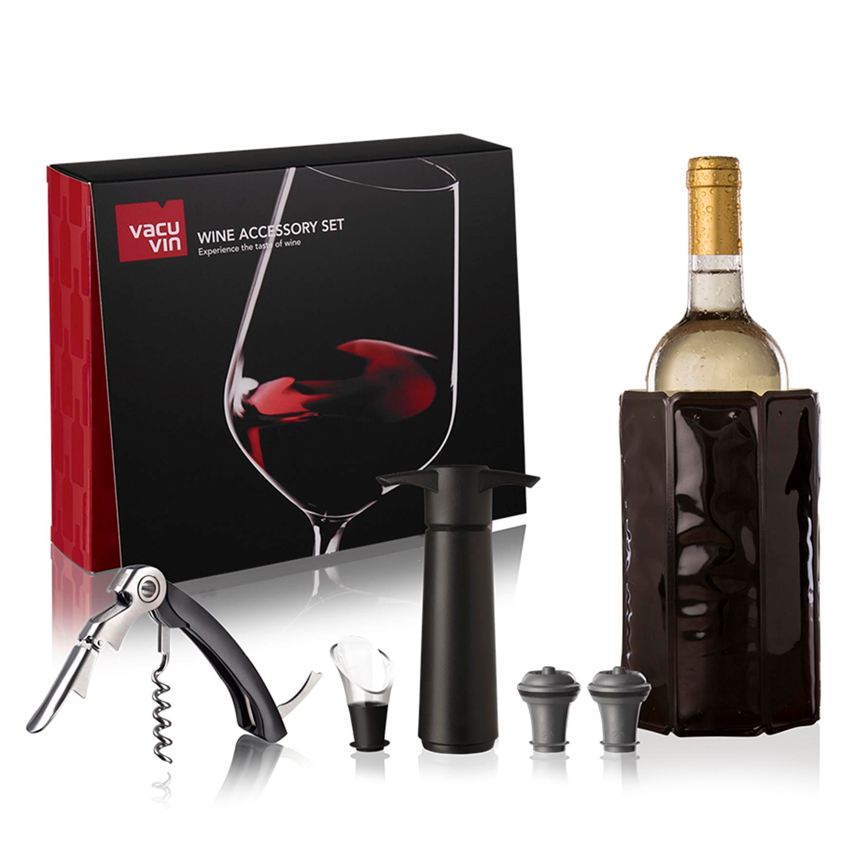 Açacak, dökücü, pompa, tıkaç, soğutucu çanta ve kutudan oluşan Vacu Vin şarap aksesuar seti.