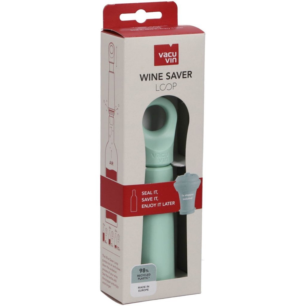 Beyaz ve kırmızı renkli Vacu Vin Wine Saver Loop ambalajı, nane yeşili şarap vakum pompası ve bir tıpası ile birlikte.