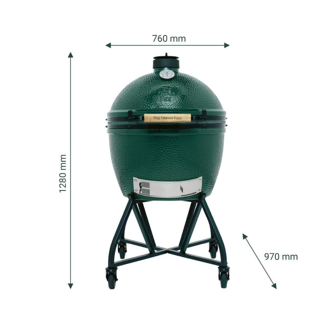 Beyaz arka planda 760 mm, 1280 mm ve 970 mm ölçüleriyle tekerlekli metal stant üzerinde yeşil seramik mangal.