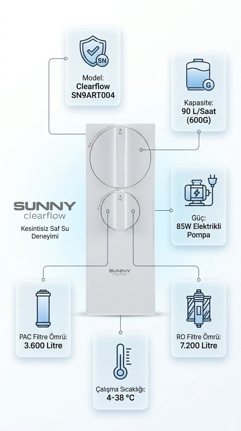 Sunny Clearflow su arıtma cihazının özelliklerini gösteren şema.