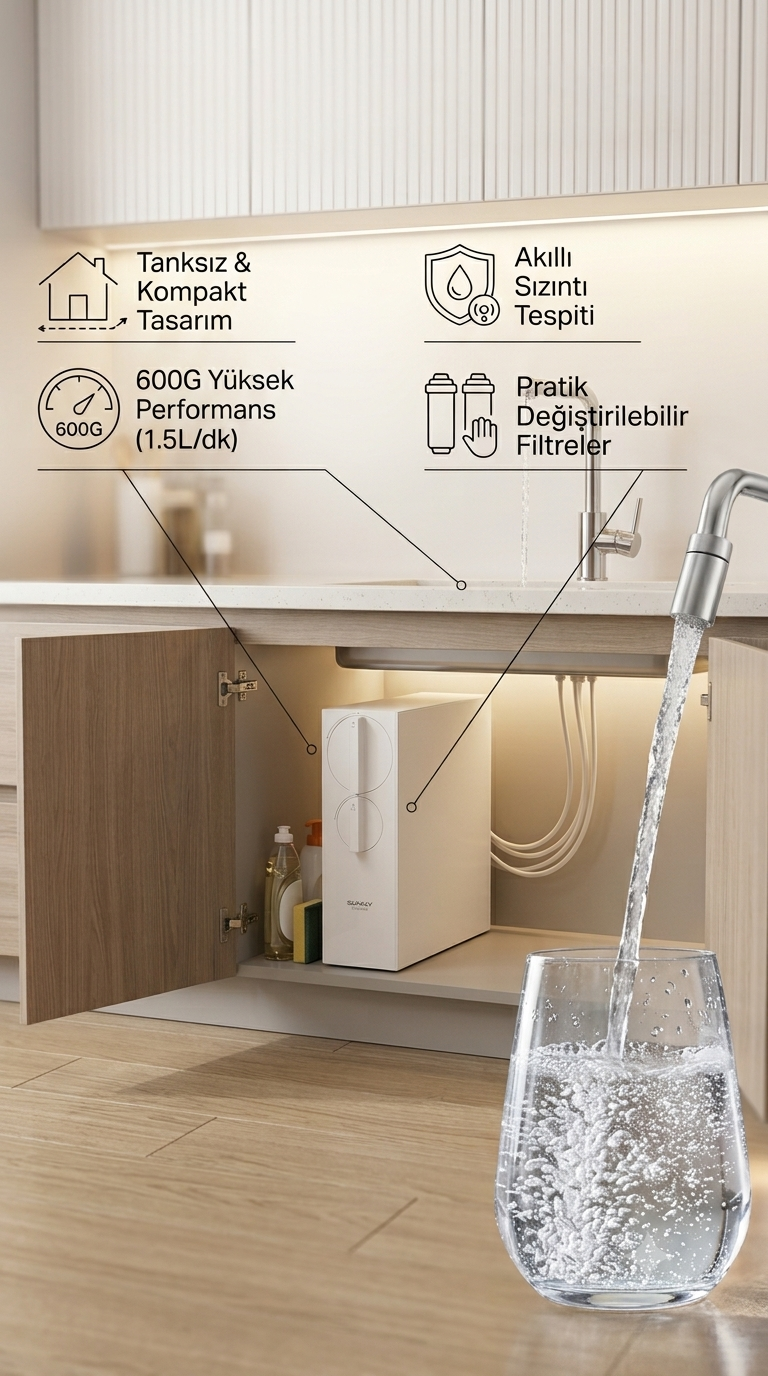 Lavabo altında beyaz su arıtma cihazı bardağı dolduruyor, özellik ikonlarıyla.