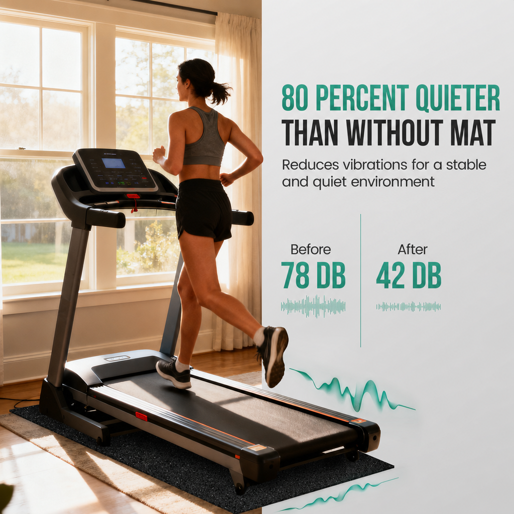 Donna che corre su un tapis roulant con testo pubblicitario per un tappetino antirumore che confronta 78 dB e 42 dB.