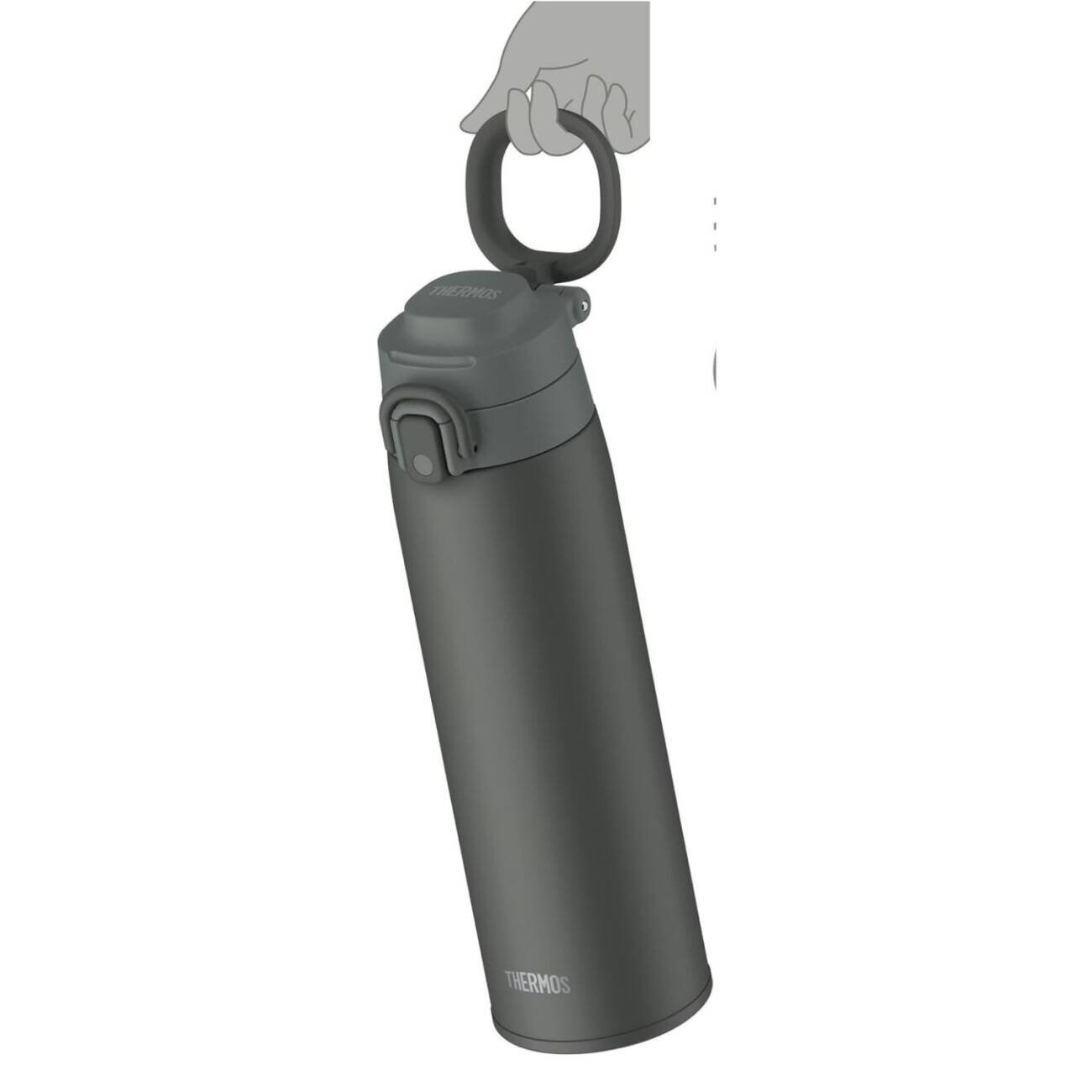 Bir el, koyu gri bir Thermos matarayı entegre halka kulbundan kaldırıyor.