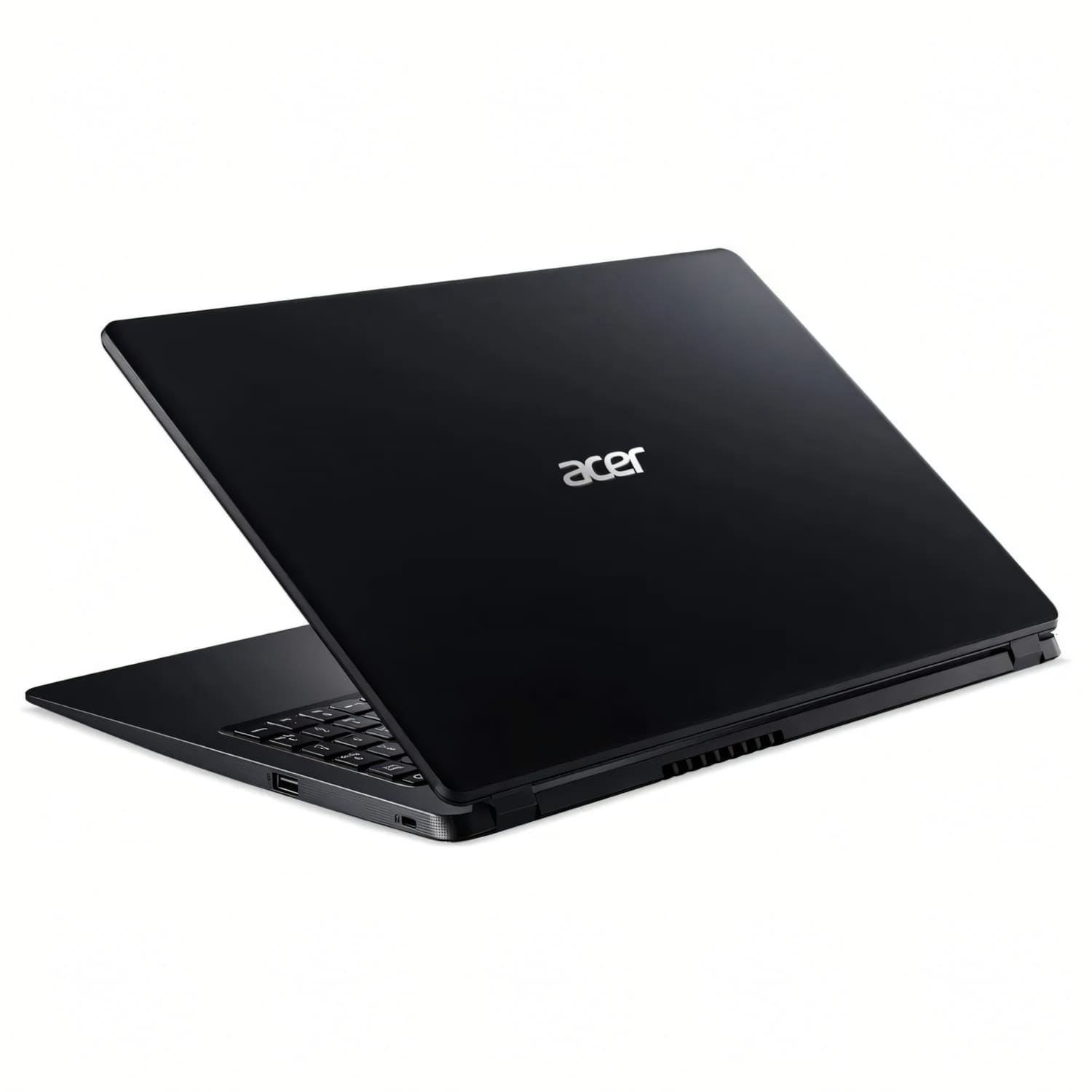 Un portátil Acer negro está medio abierto sobre fondo blanco, mostrando el teclado en la parte delantera.