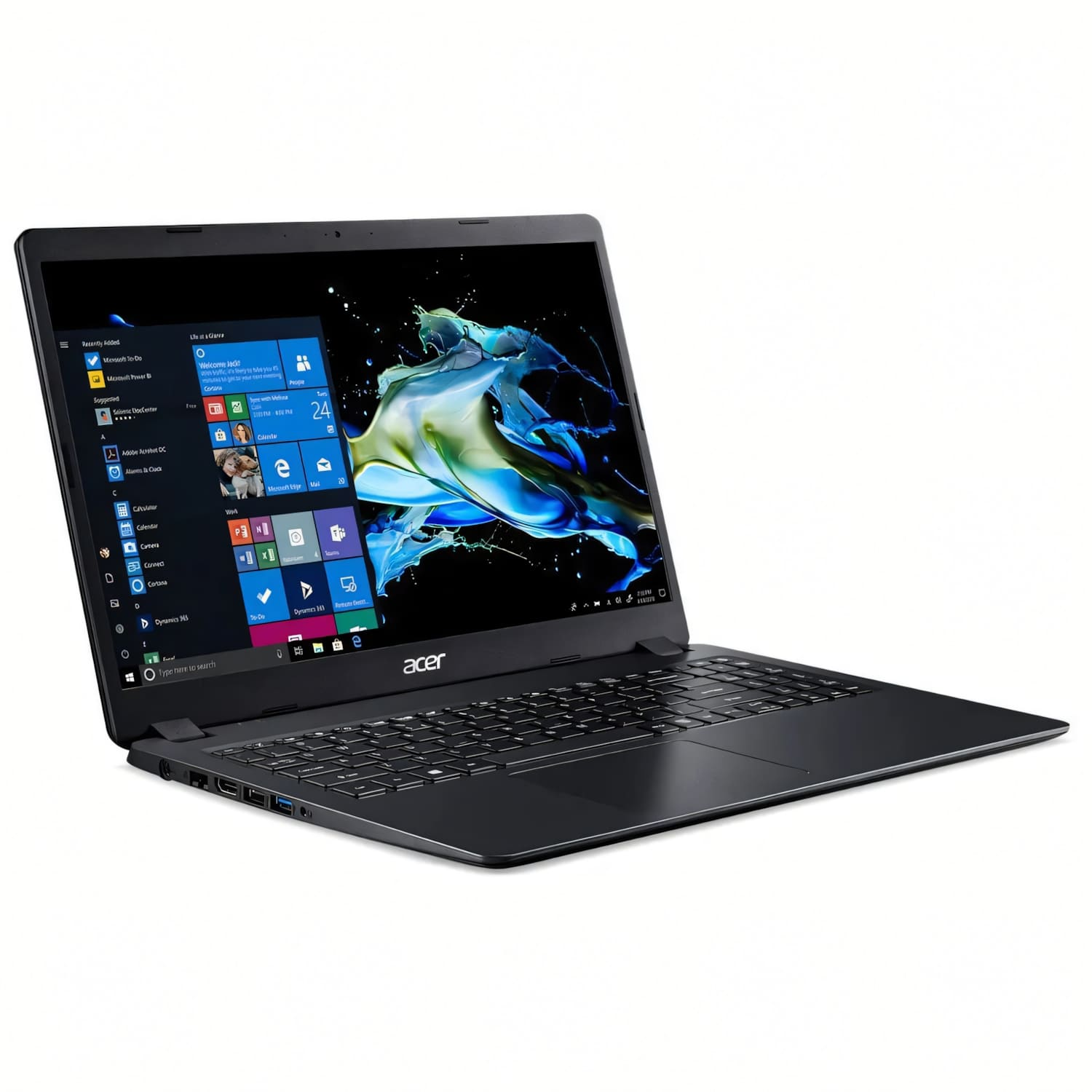 Un ordenador portátil Acer negro sobre un fondo blanco muestra el escritorio de Windows con detalles azules.