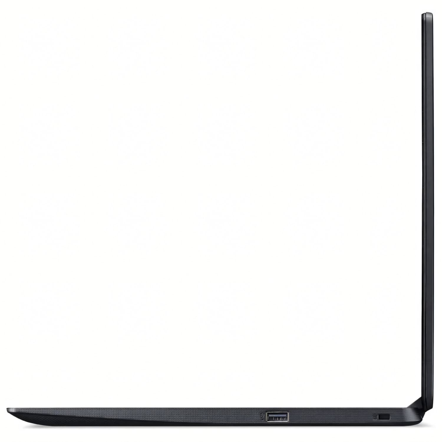 Vista lateral de una laptop negra delgada que muestra el puerto USB y el marco en un fondo blanco.