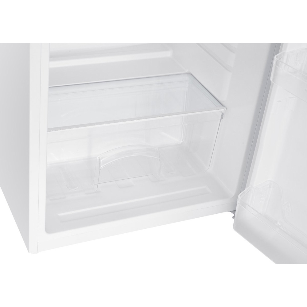 The inside of a white refrigerator featuring a transparent crisper drawer and door shelves.
