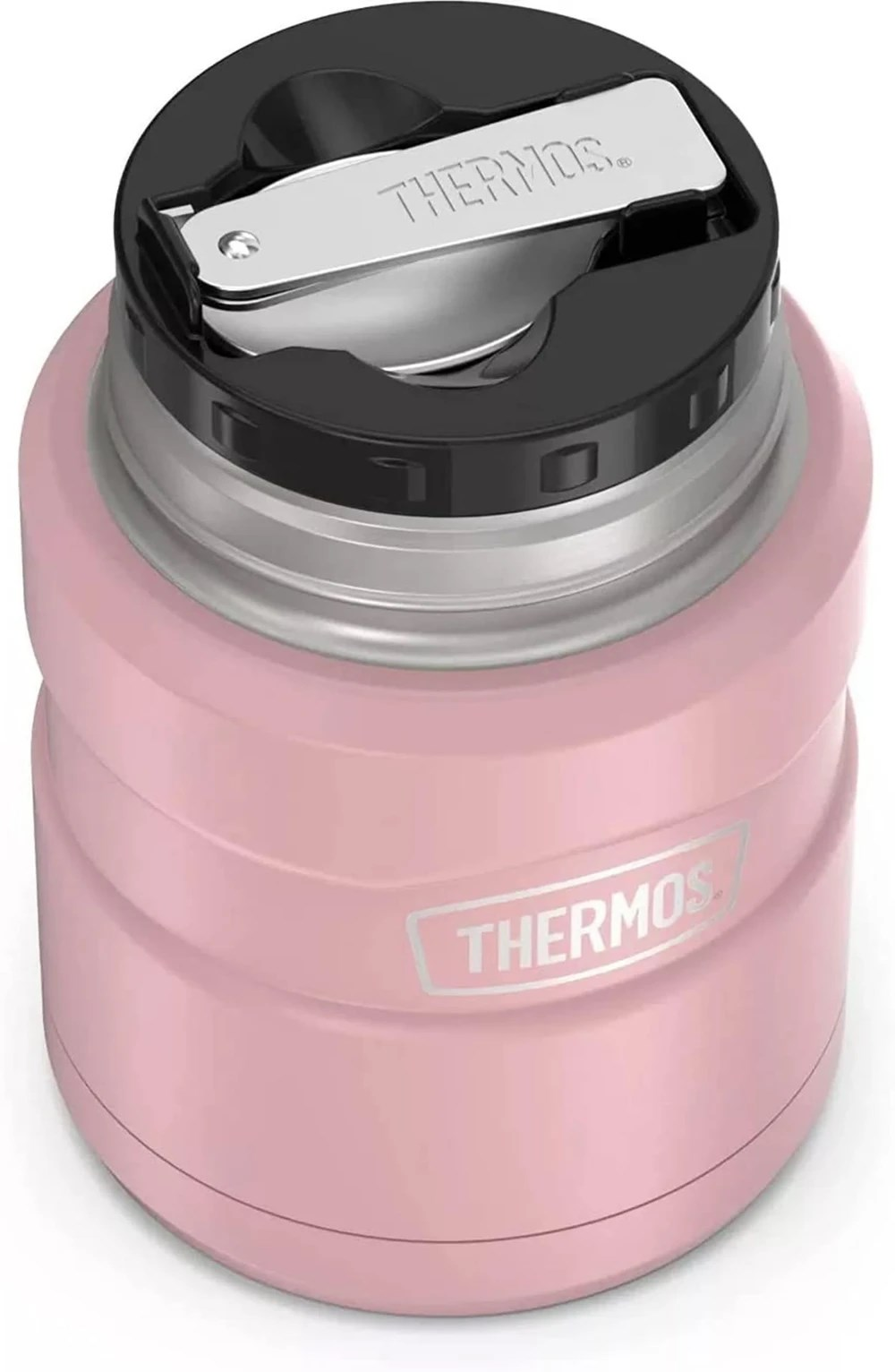 Siyah kapaklı ve entegre kaşıklı pembe bir Thermos yemek kabı.
