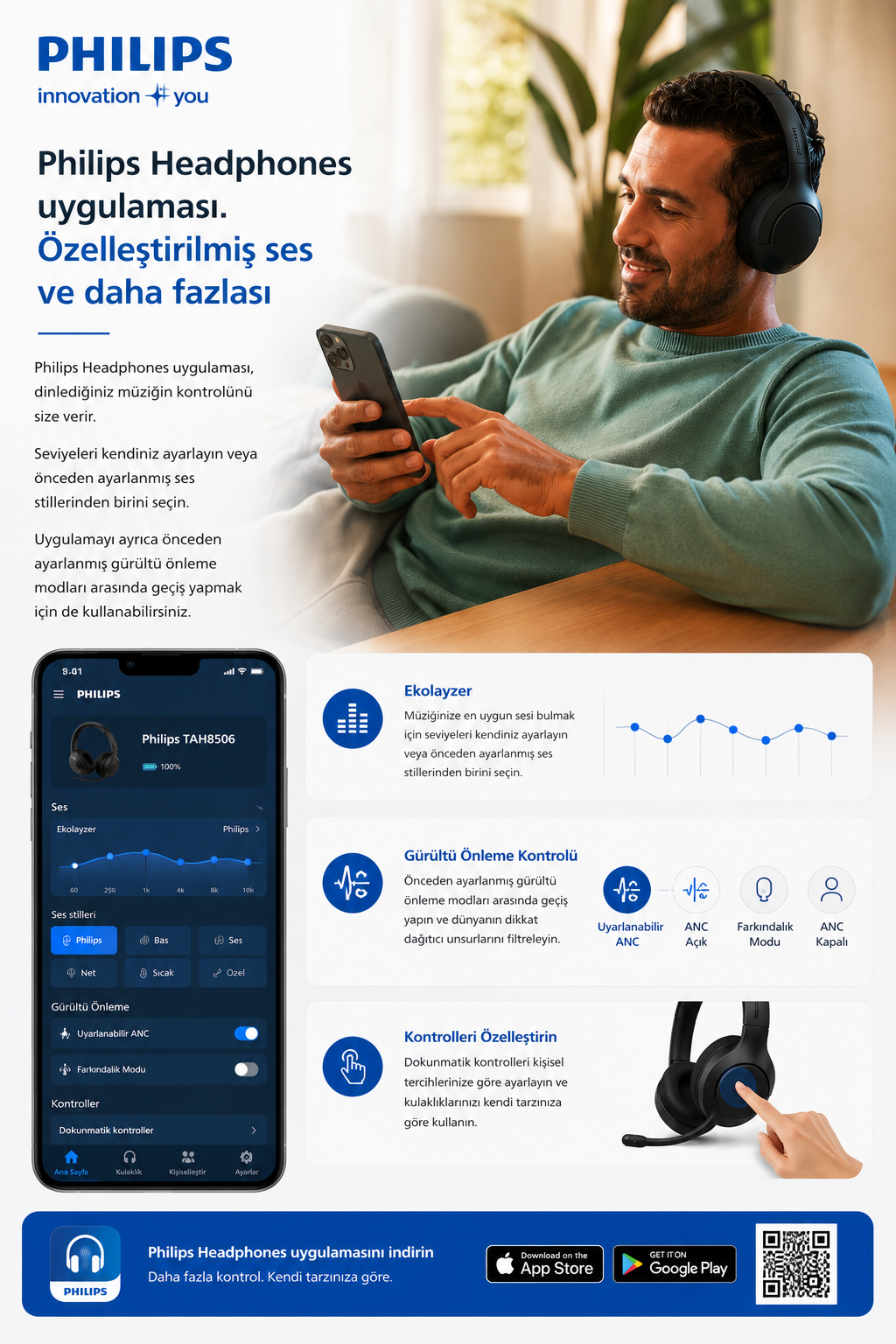 Philips kulaklıklı adam telefonuna bakıyor; yanında uygulama özellikleri ve arayüzü yer alıyor.