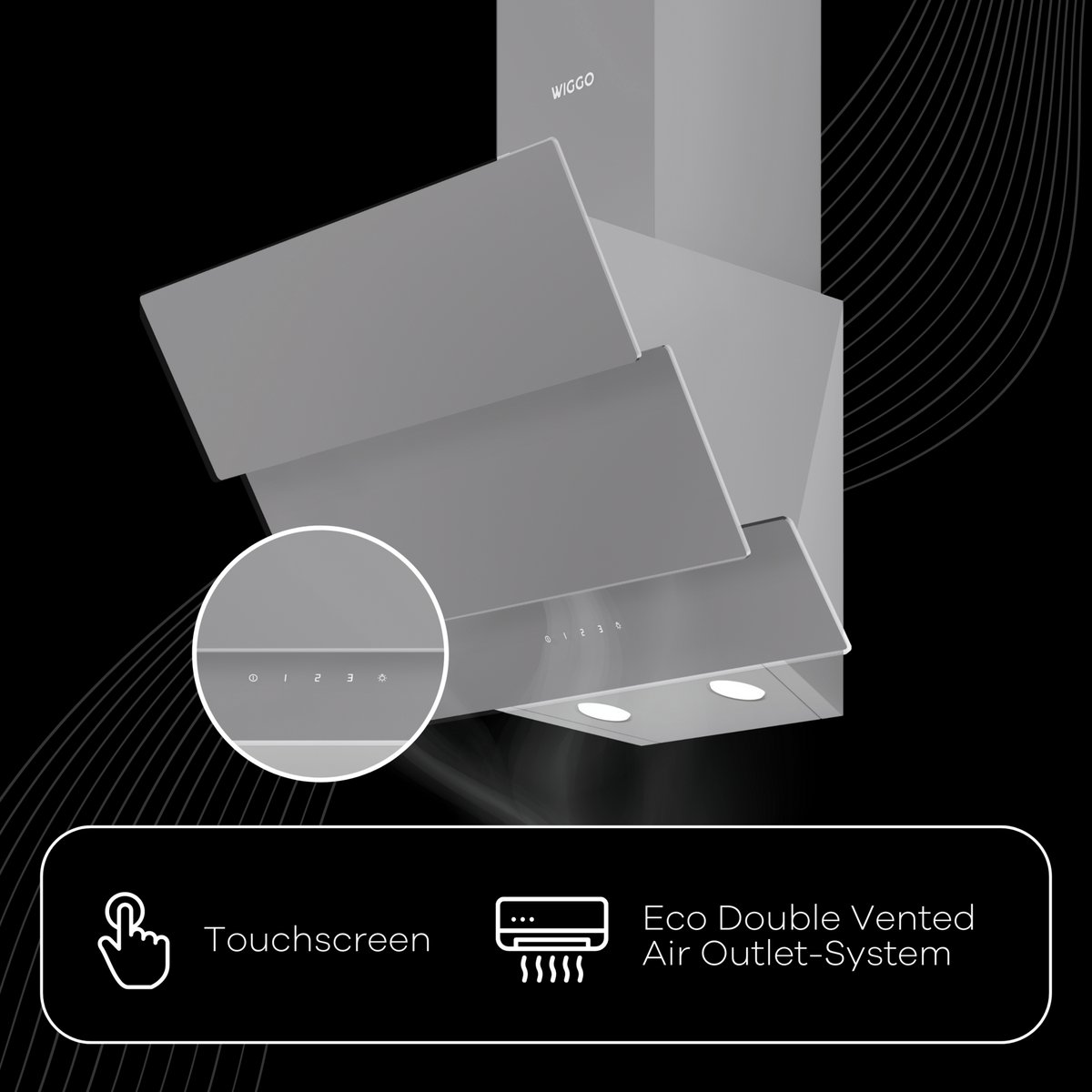 Eine Wiggo Dunstabzugshaube mit Touchscreen und Eco Double Vented Air Outlet-System vor schwarzem Hintergrund.