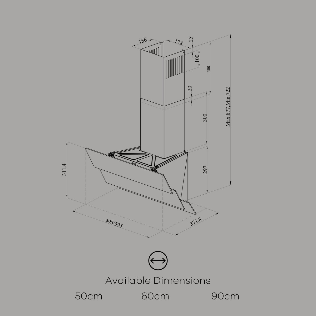 Technical drawing of a cooker hood with dimensions in mm and available widths of 50, 60, and 90 cm.