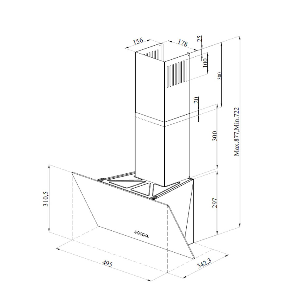 Technical drawing of a modern kitchen extractor hood with dimensions in millimeters.