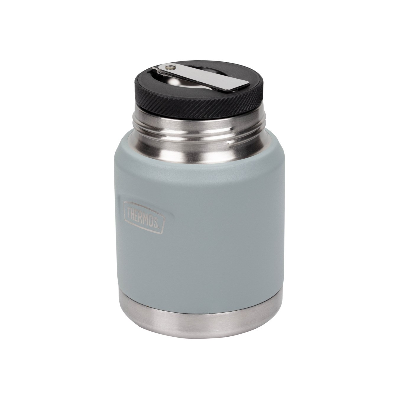 Beyaz arka planda gümüş detaylı ve siyah kapaklı gri bir Thermos yemek kavanozu.