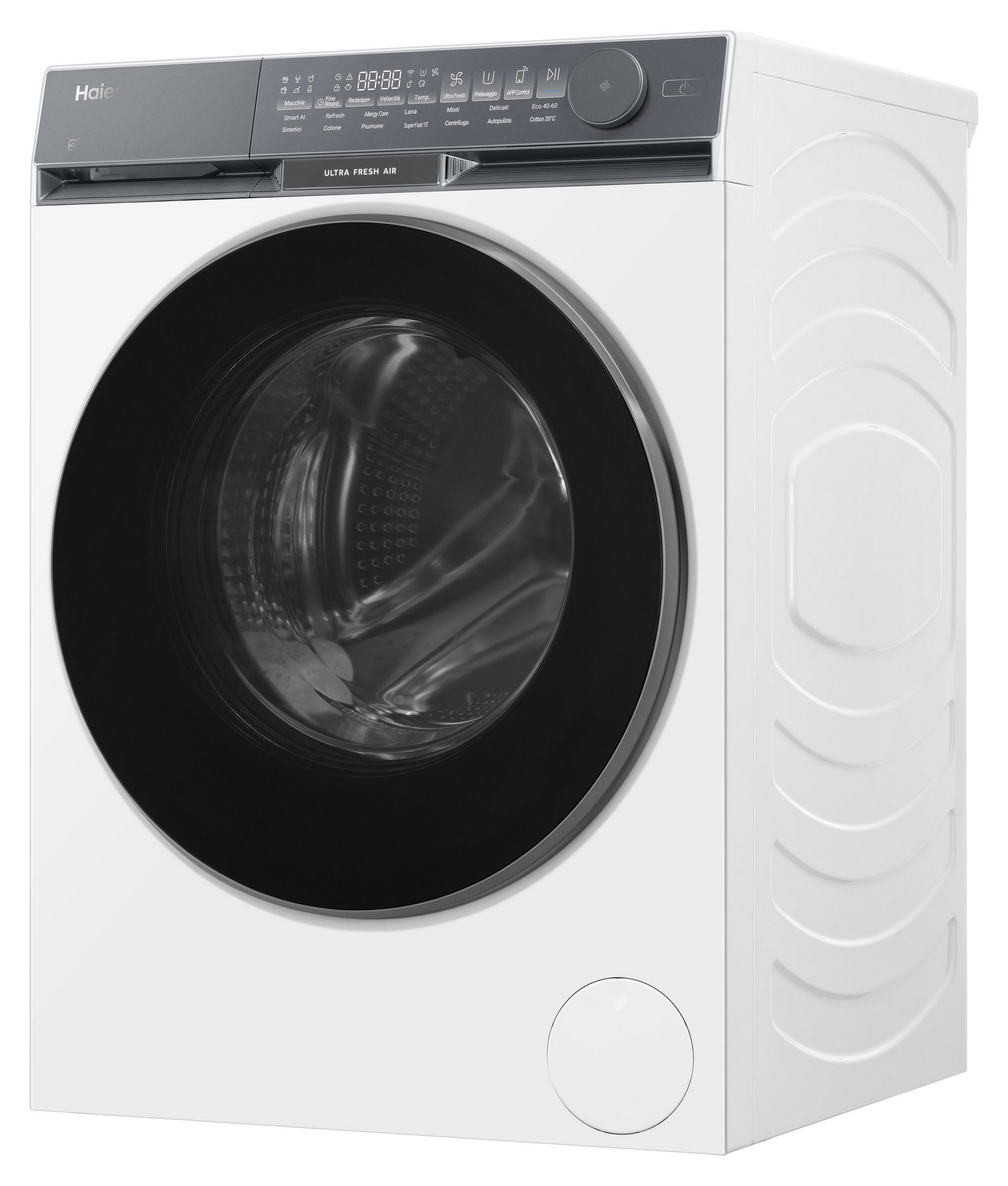 Una lavatrice Haier bianca con oblò nero e pannello di controllo grigio.