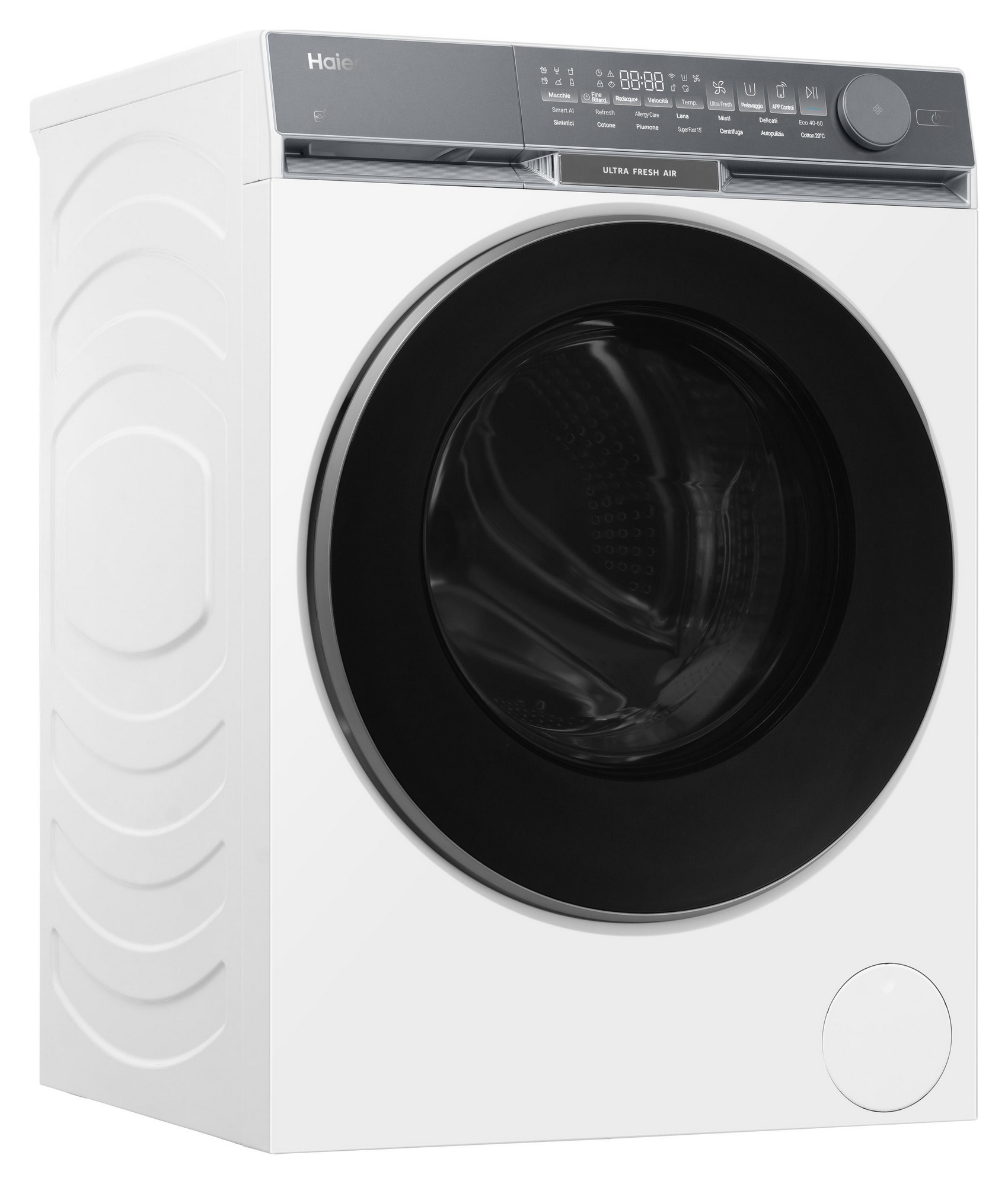 Una moderna lavatrice a carica frontale Haier bianca con pannello di controllo scuro e cornice nera su sfondo bianco.