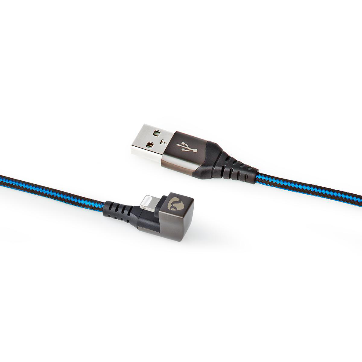 Un cavo USB intrecciato blu e nero con un connettore USB-A standard e un connettore ad angolo.