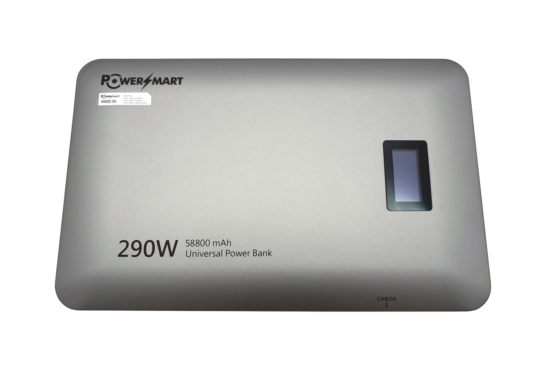 Graue Power-Mart Universal-Powerbank mit 290W und 58800 mAh auf weißem Hintergrund.