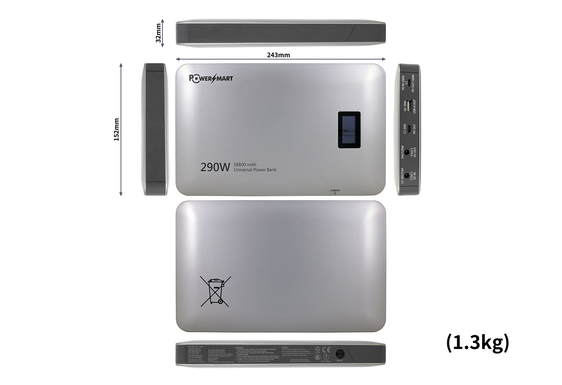 Technische Zeichnung und Ansichten einer grauen Power4Smart Power Bank mit Maßen von 243x152x32 mm und 1,3 kg Gewicht.