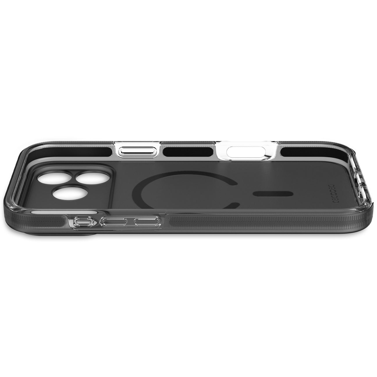Una cover trasparente e nera per smartphone con anello MagSafe su sfondo bianco.