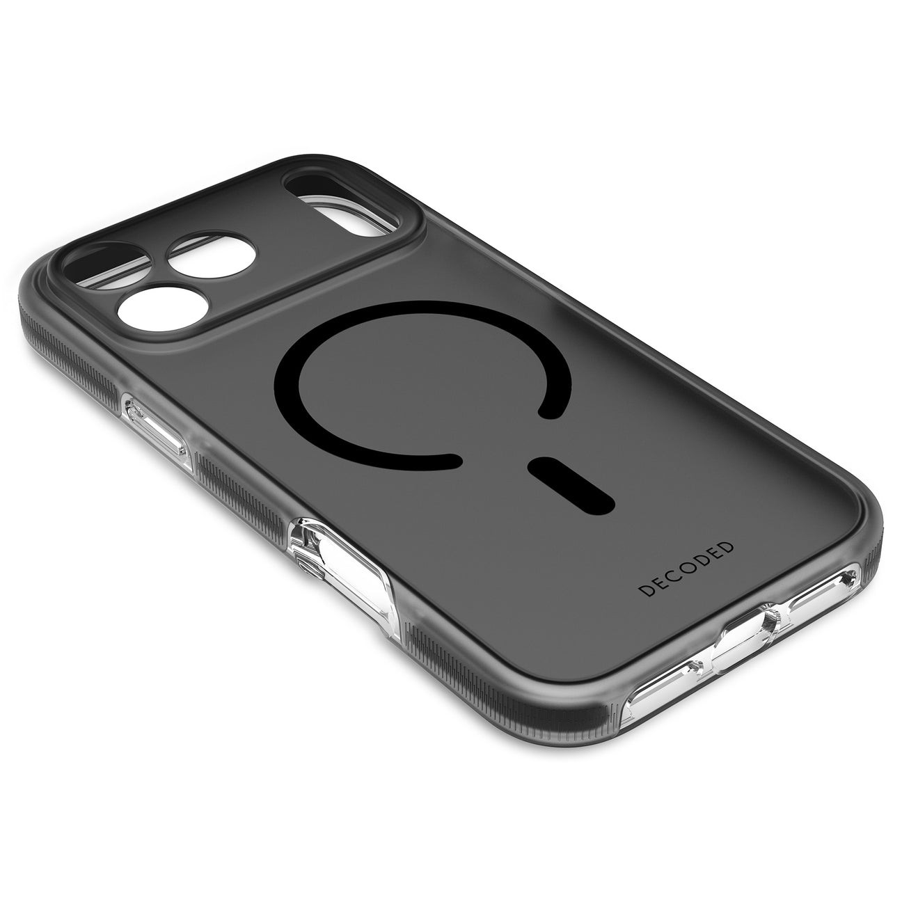 Una cover per smartphone nera con anello MagSafe e ritaglio per fotocamera su sfondo bianco.