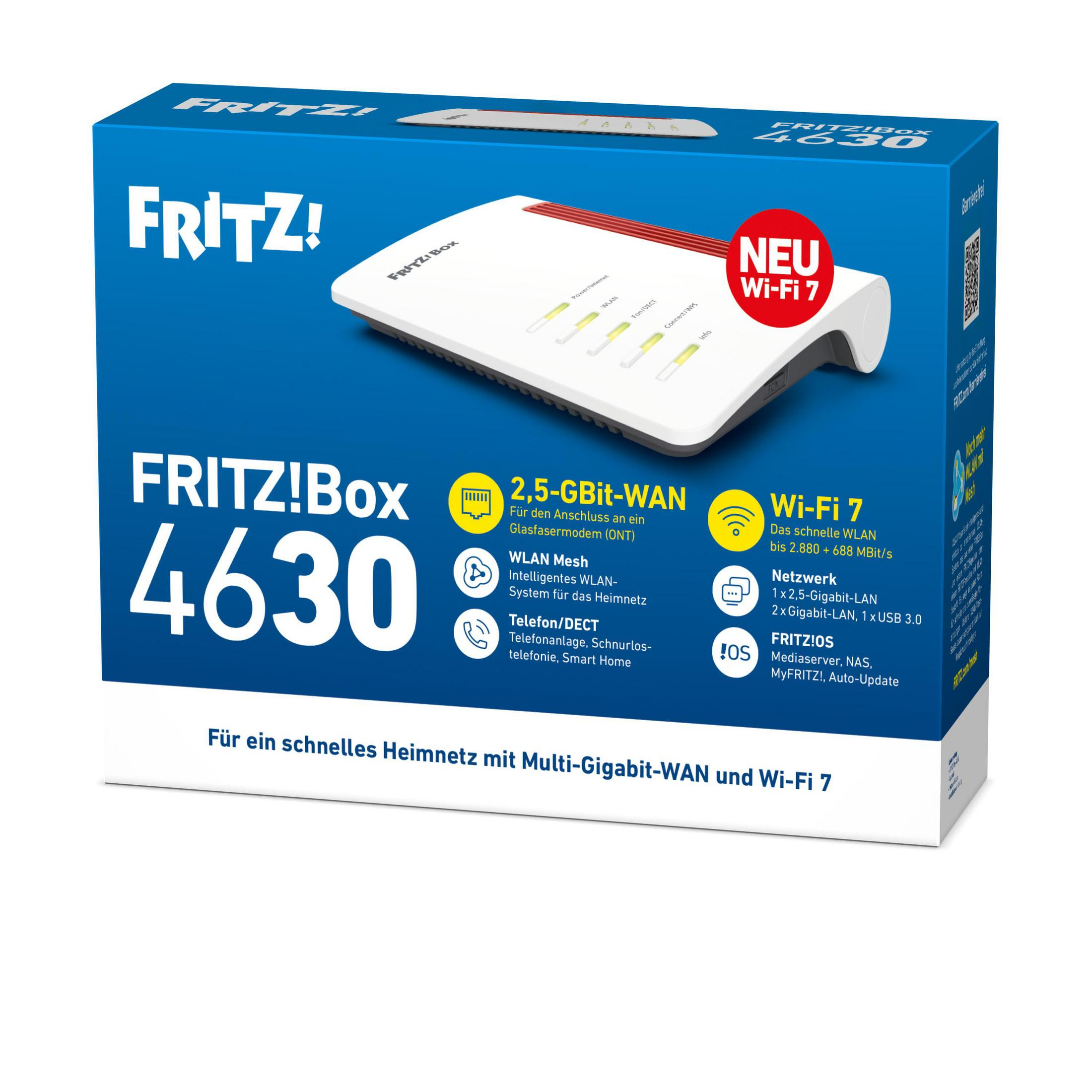 Scatola blu del prodotto FRITZ!Box 4630 con immagine del router e funzioni come Wi-Fi 7.