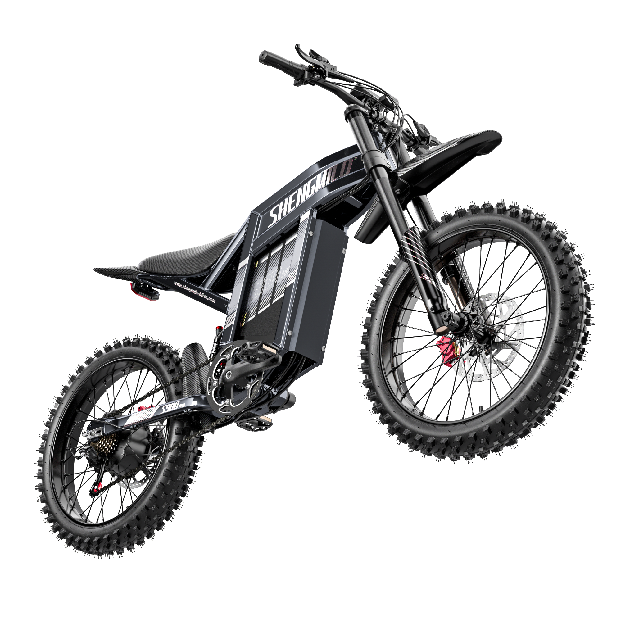 Ein schwarzes Shengmilo E-Bike mit Geländereifen und robustem Rahmen schwebt vor dunklem Hintergrund.
