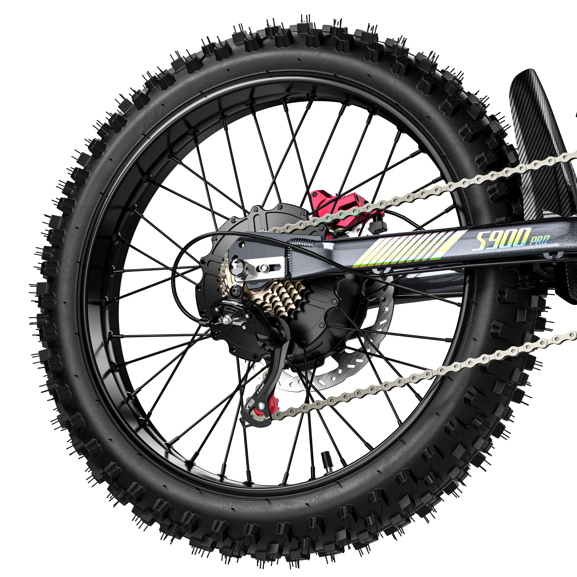 Nahaufnahme eines schwarzen E-Bike-Hinterrads mit grobstolligem Reifen, Kette, Zahnkränzen, Scheibenbremse und S900 Pro Schriftzug.