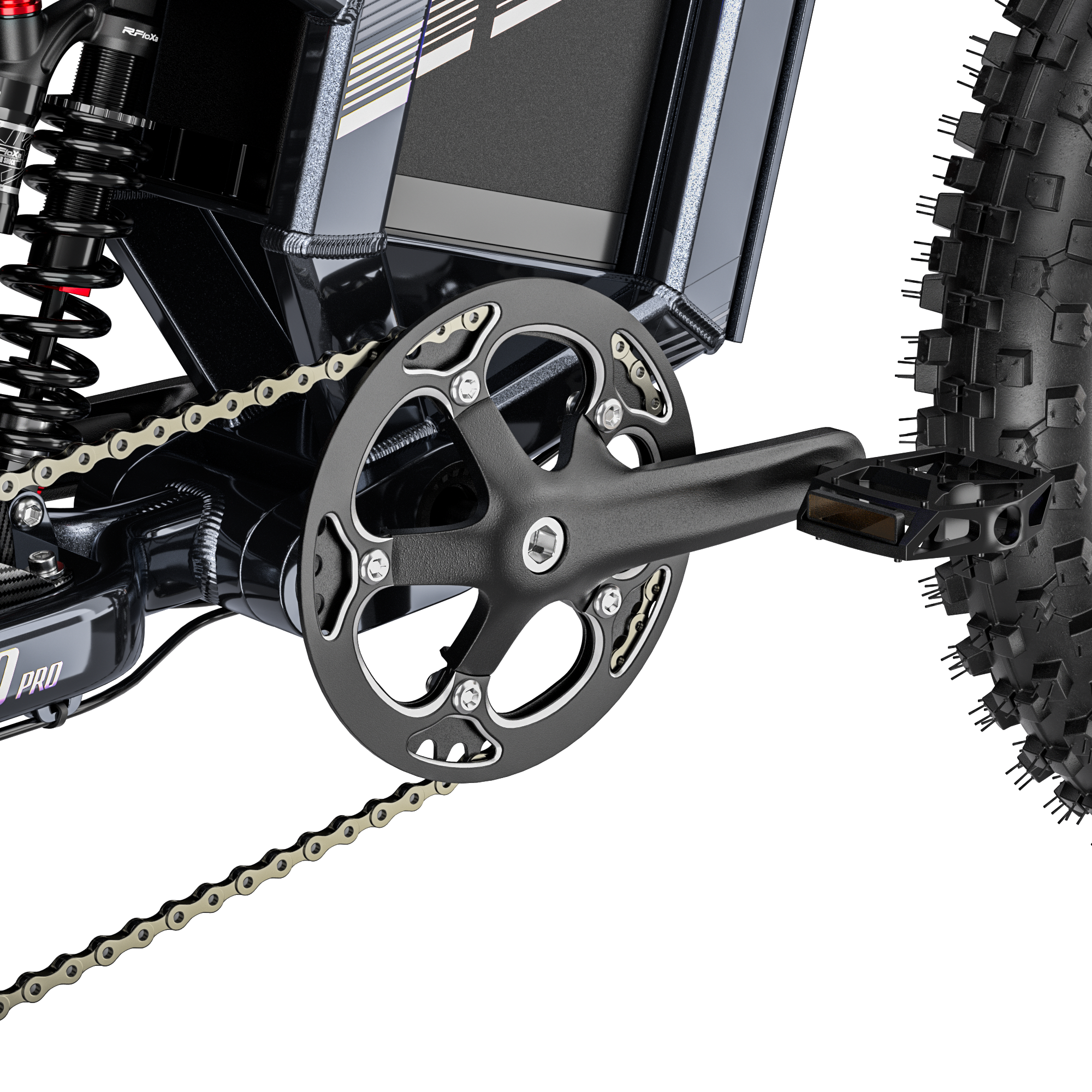 Nahaufnahme eines schwarzen E-Bike-Tretlagers mit Kette, Pedal und Rahmen auf schwarzem Hintergrund.