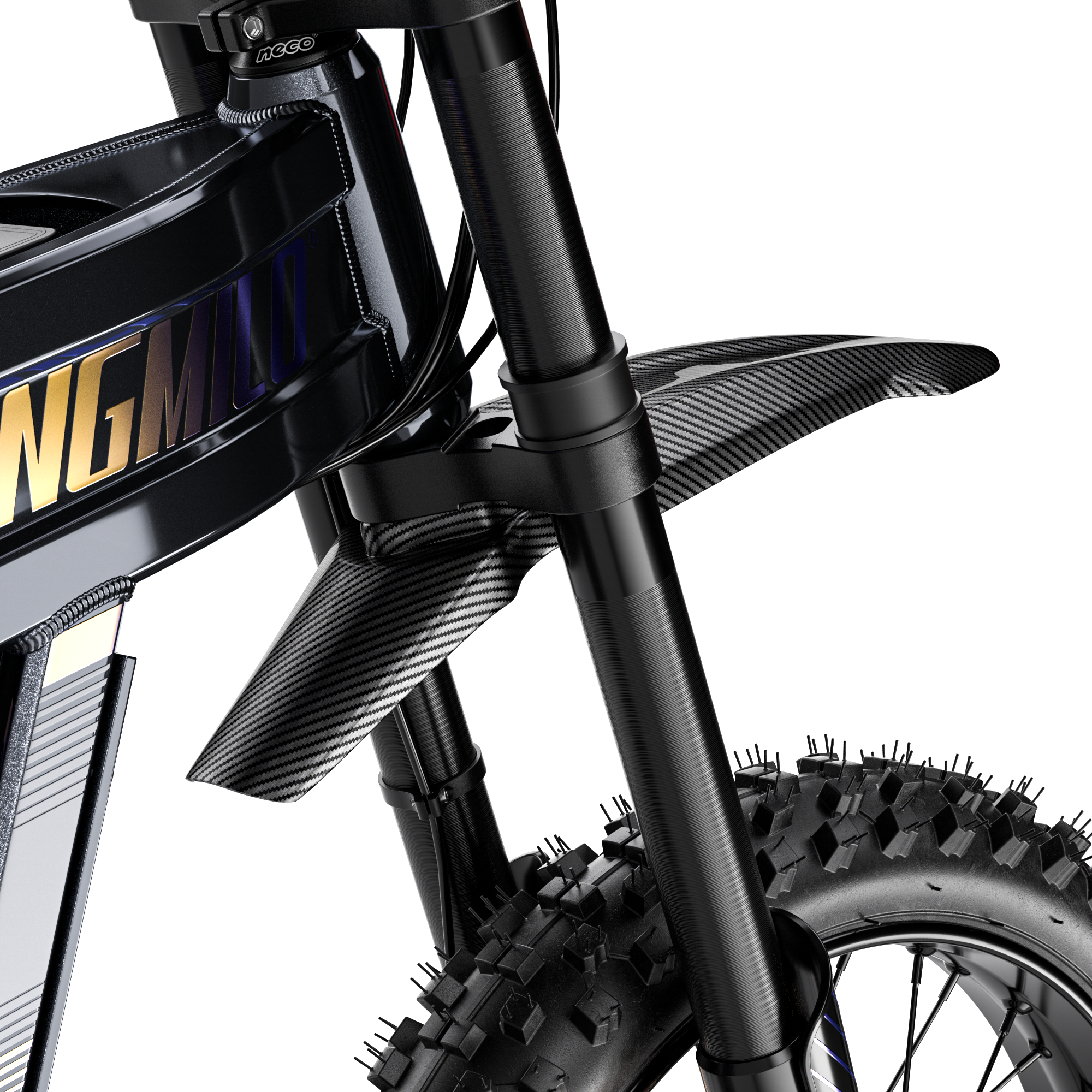 Nahaufnahme der Vordergabel, des Carbon-Kotflügels und des grobstolligen Reifens eines schwarzen E-Bikes auf schwarzem Hintergrund.