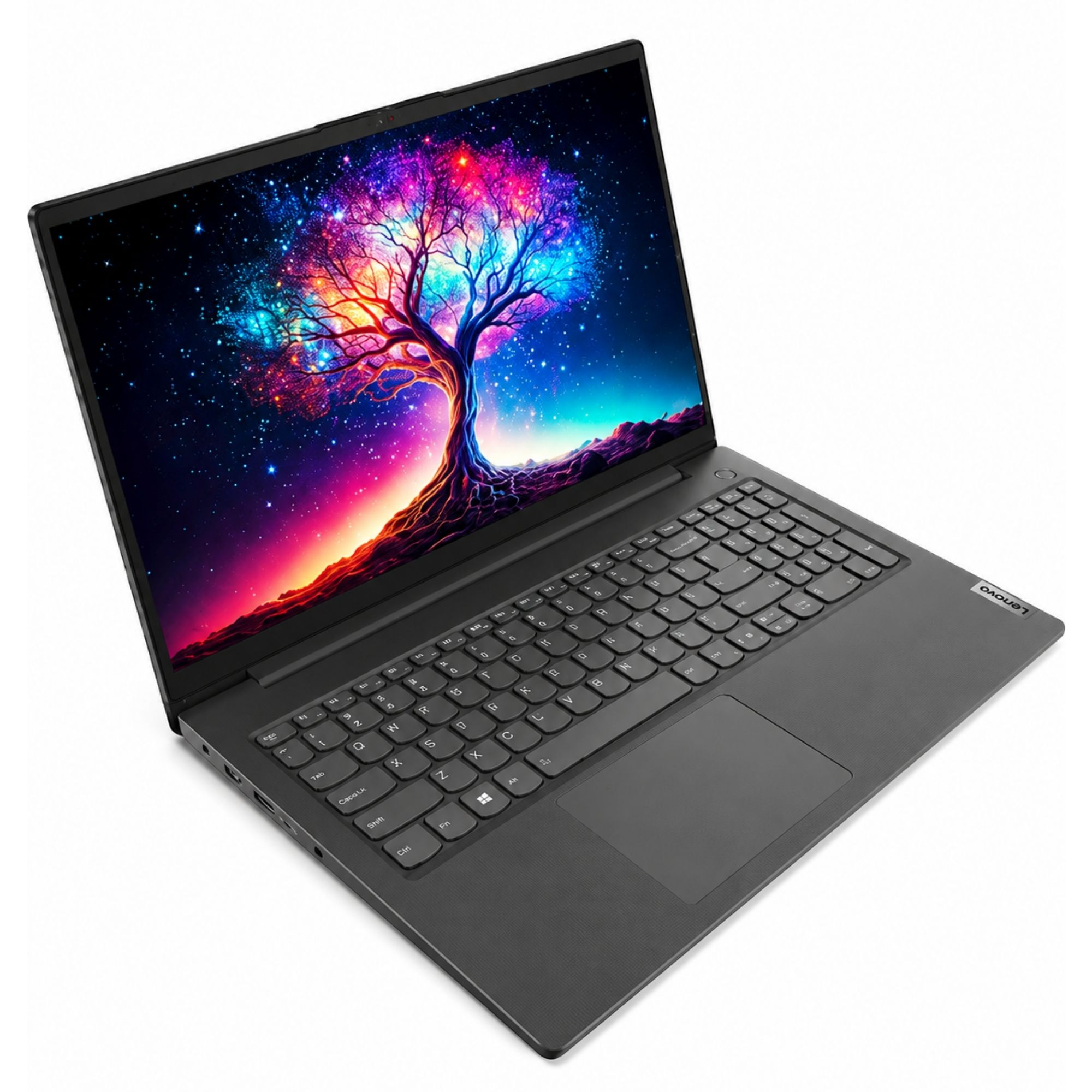 Siyah bir Lenovo dizüstü bilgisayarın ekranında karanlık arka planda renkli bir kozmik ağaç var.