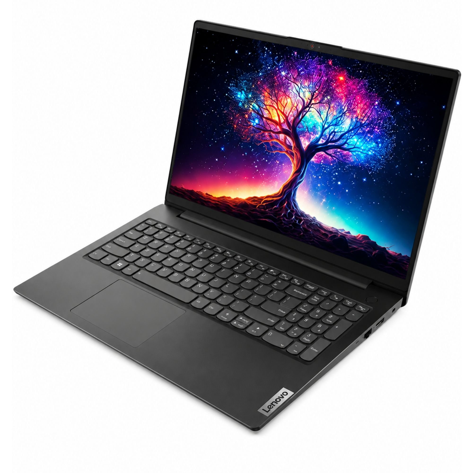 Beyaz zemin üzerinde siyah Lenovo dizüstü bilgisayar, ekranında renkli bir kozmik ağaç duvar kağıdı.