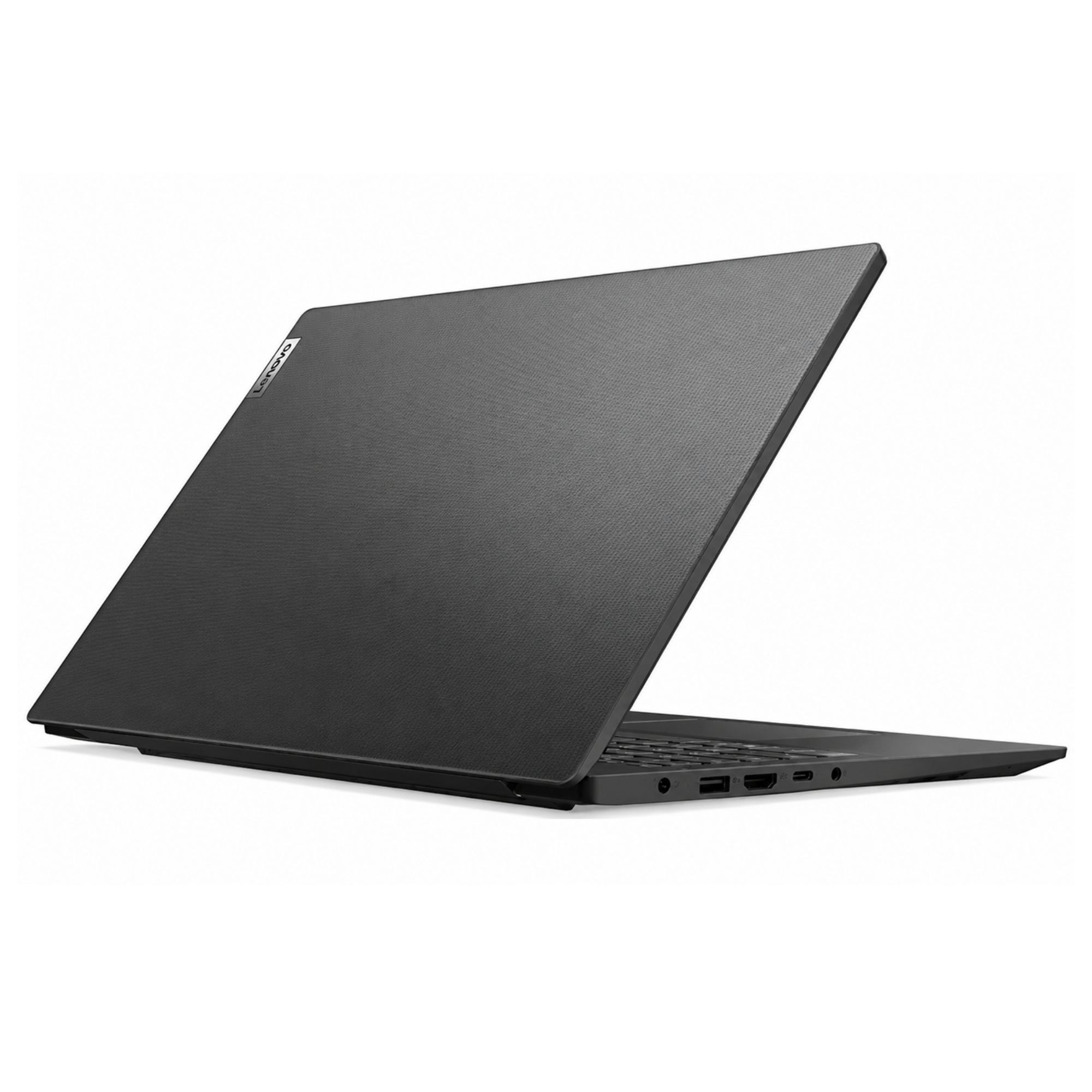 Kapalı siyah bir Lenovo dizüstü bilgisayar, yanında görünen bağlantı noktalarıyla beyaz bir yüzeyde duruyor.