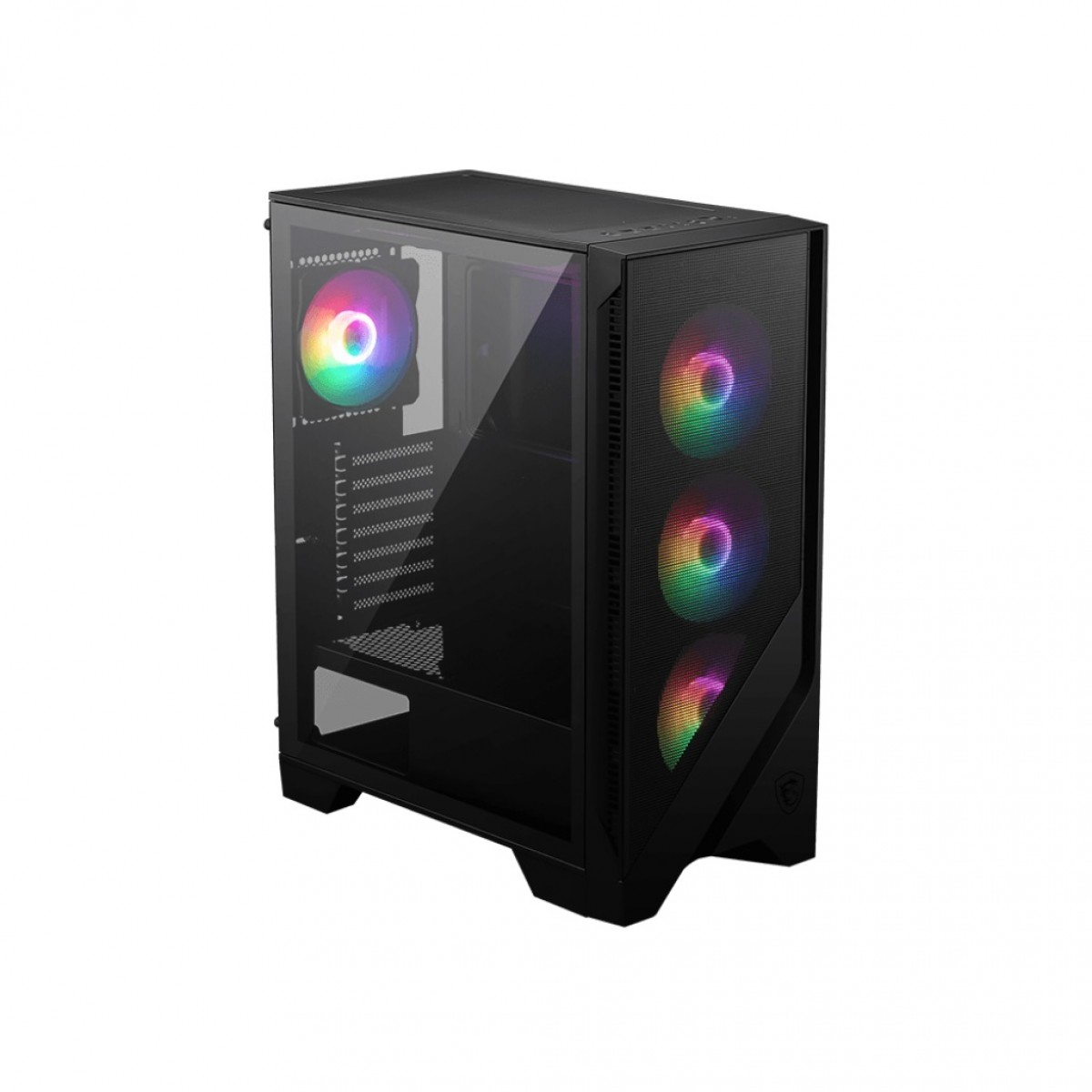 Cam yan panelli ve dört renkli RGB fanlı siyah bir bilgisayar kasası.